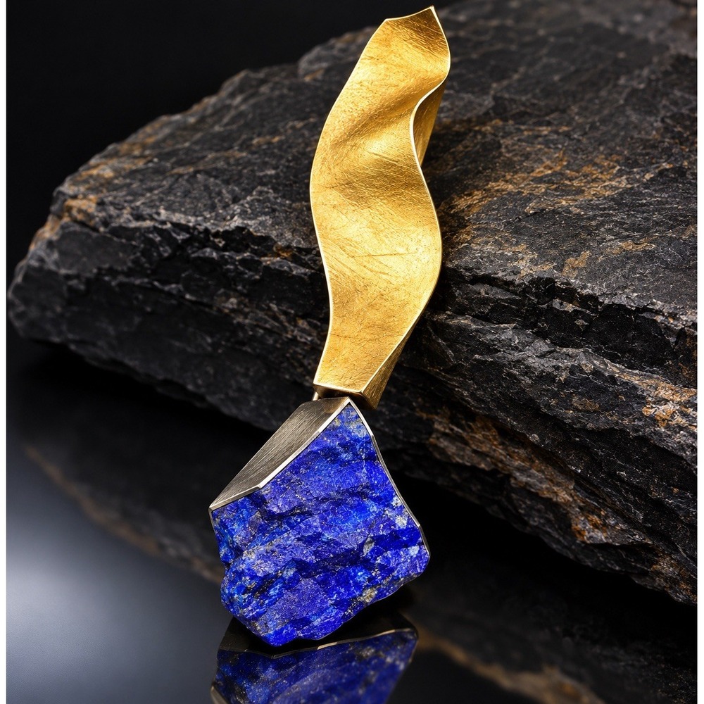 Harold O'Connor 18K Gold Sterling Silver Lapis Lazuli Modernist Brooch 3"